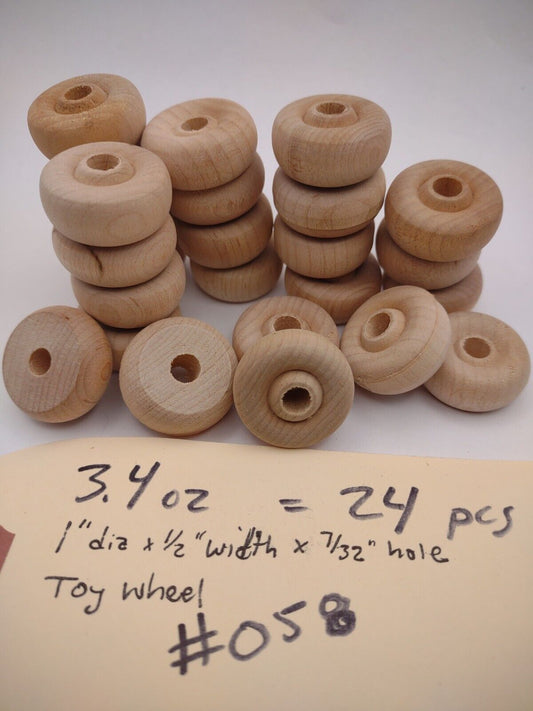 1" x 1/2" x 7/32" Unfinished Wooden Fat Toy Wheel 24pc Packs Lot #TW04