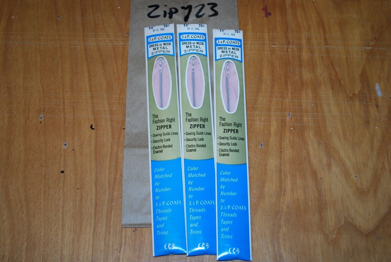 N.O.S. J&P Coats 14" Metal Zipper 30 Lt. Pink - (Lot of 3 packs) - zip723