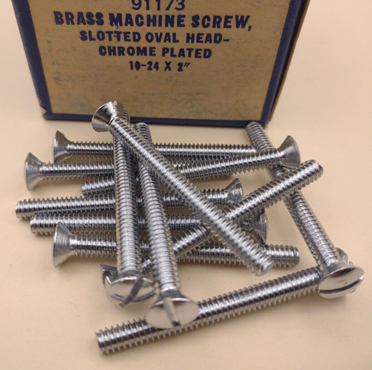 10-24 x 2" Oval Head Slotted Chrome Brass Machine Screws (12 pack) NOS CBMS36