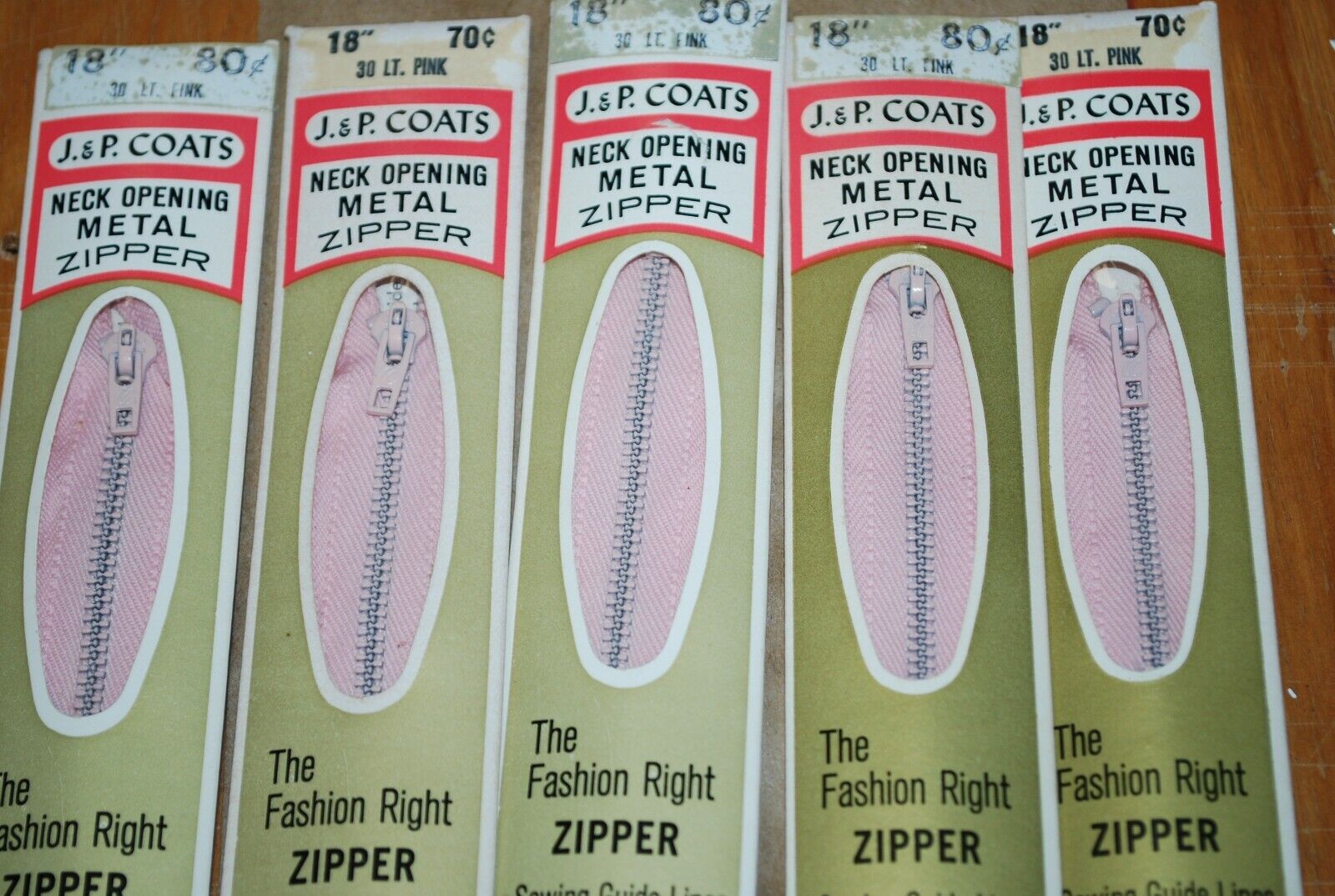N.O.S. J&P Coats 18" Metal Zipper 30 Lt. Pink - (Lot of 5 packs) - zip740