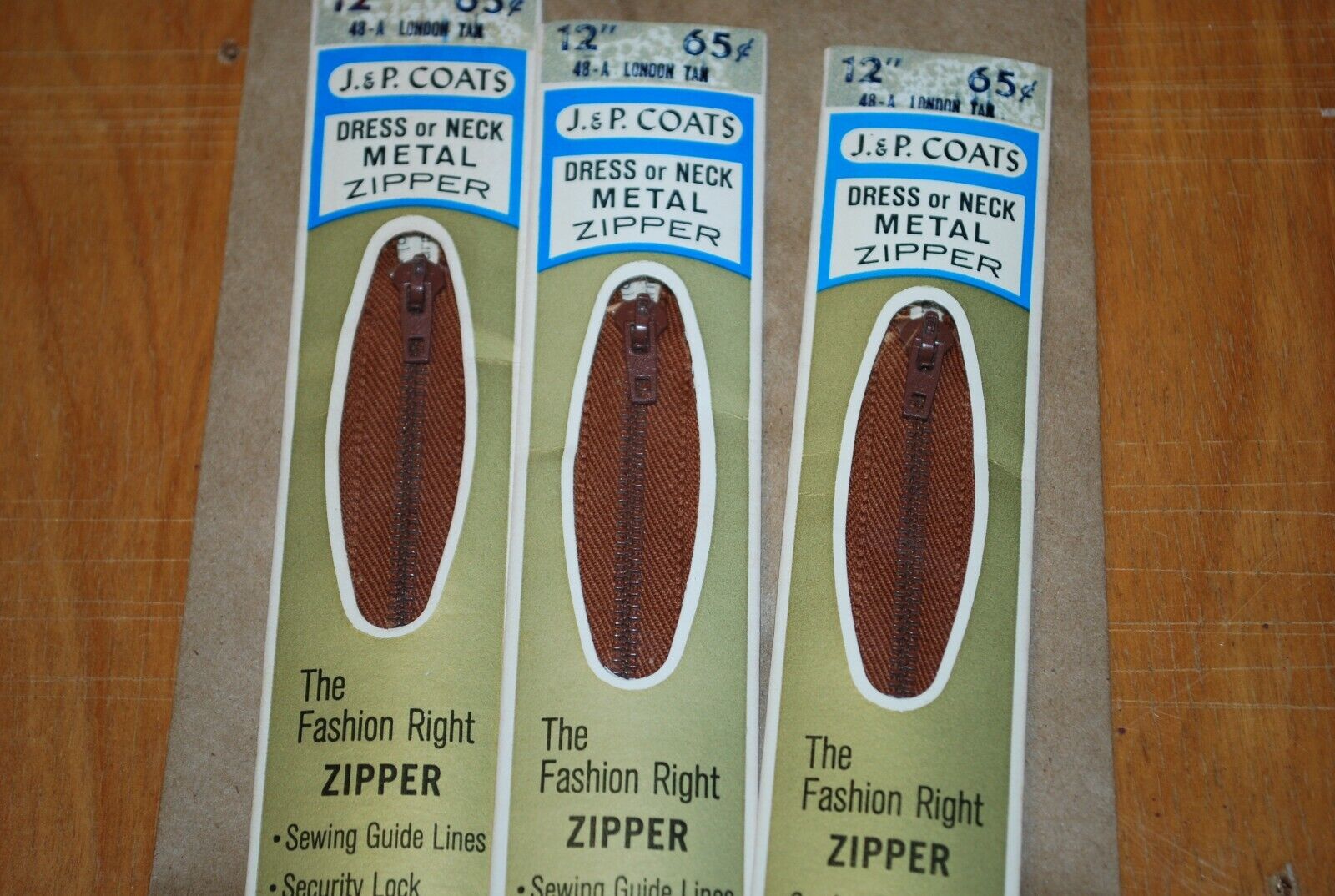 N.O.S. J&P Coats 12" Metal Zipper 48-A London Tan - (Lot of 3 packs) - zip715