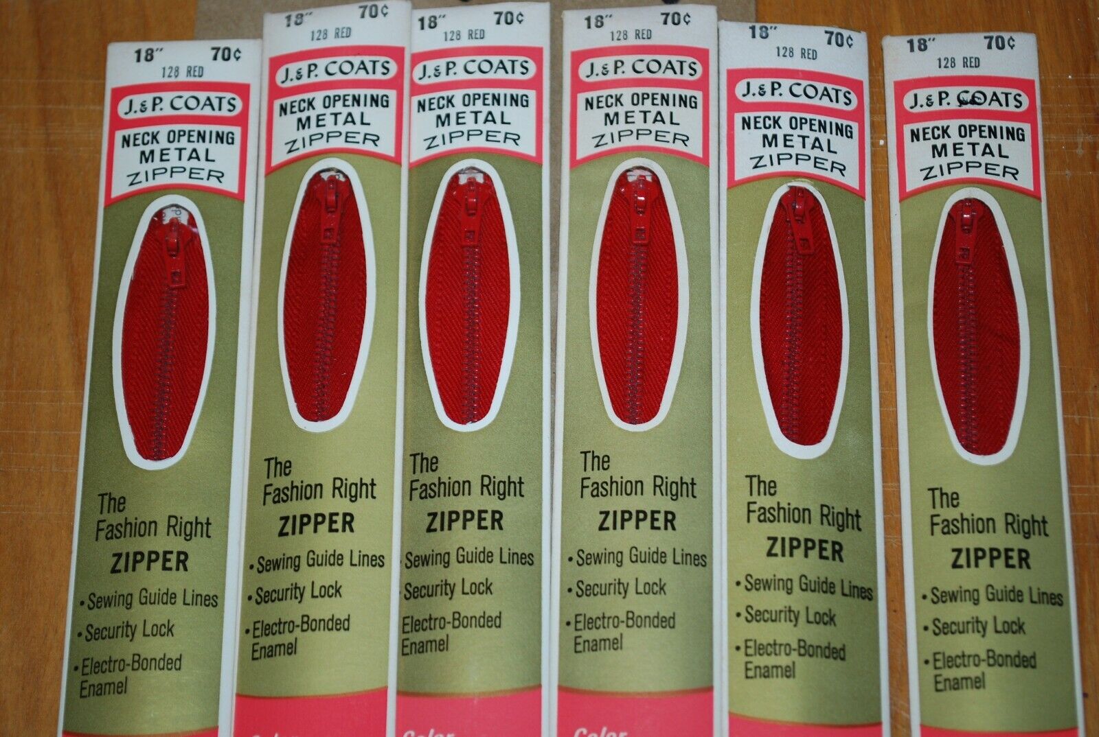 N.O.S. J&P Coats 18" Metal Zipper 128 Red - (Lot of 6 packs) - zip737
