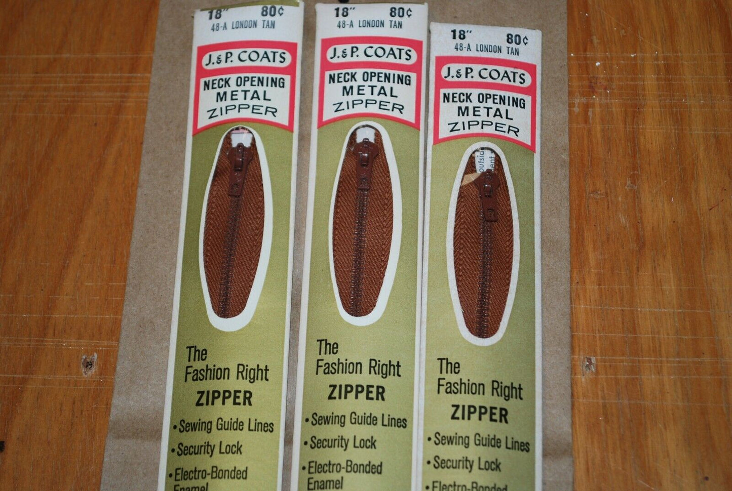 N.O.S. J&P Coats 18" Metal Zipper 48-A London Tan - (Lot of 3 packs) - zip739