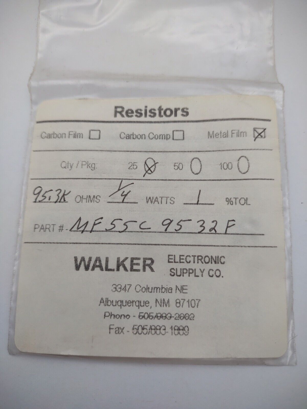 Walker 195.3k 1/4 Watt 1% MF55C 9532F Metal Film Resistors Pack lot qty (25) 09