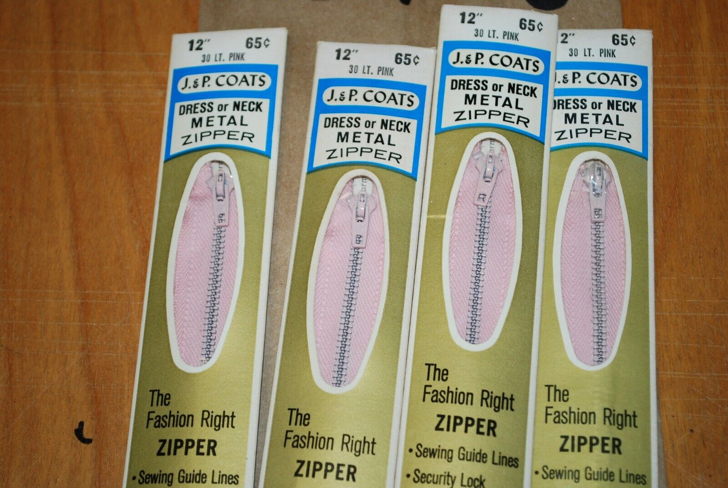 N.O.S. J&P Coats 12" Metal Zipper 30 Lt. Pink - (Lot of 4 packs) - zip718