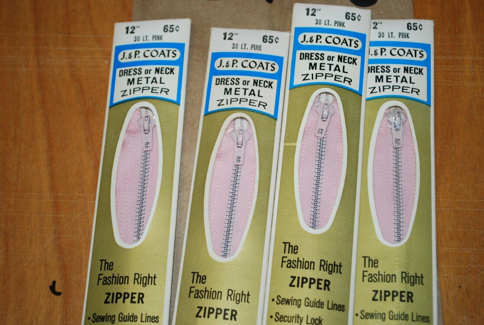 N.O.S. J&P Coats 12" Metal Zipper 30 Lt. Pink - (Lot of 4 packs) - zip718
