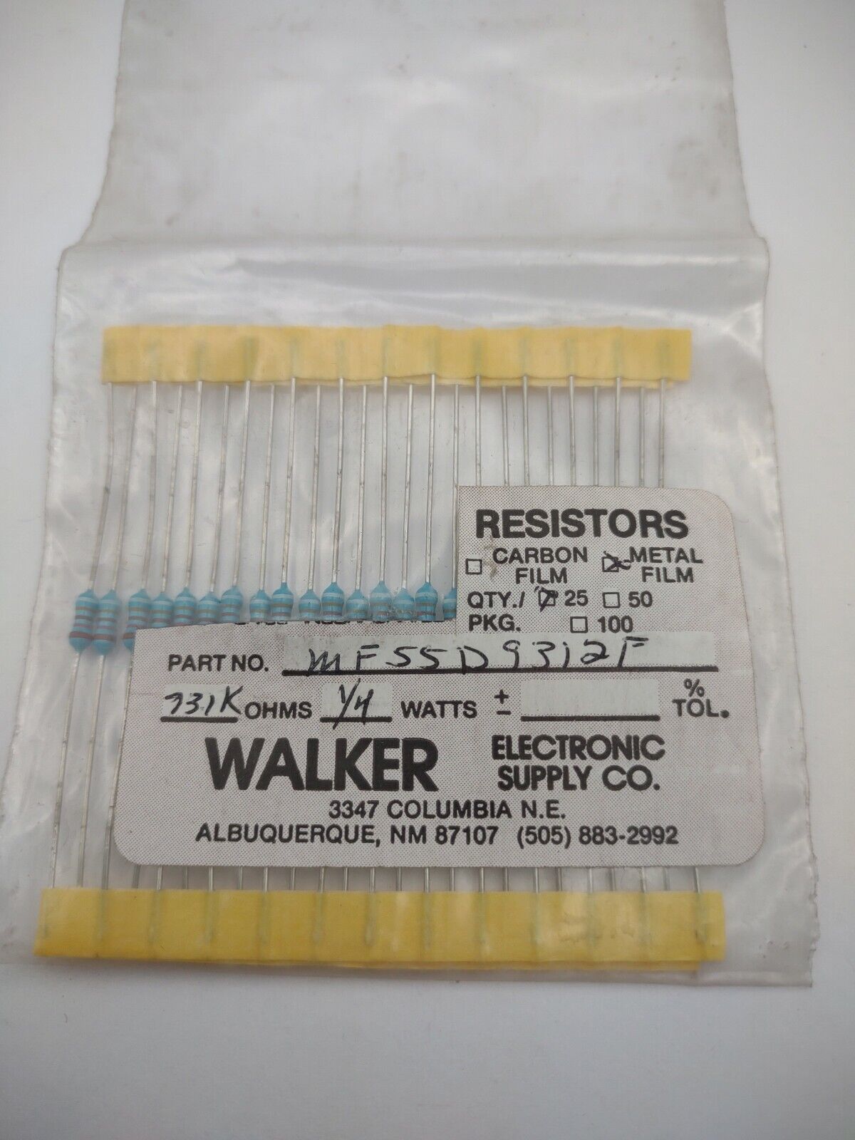 Walker 93.1K 1/4 Watt 1% MF55D 9312F Metal Film Resistors Pack lot qty (25) 18