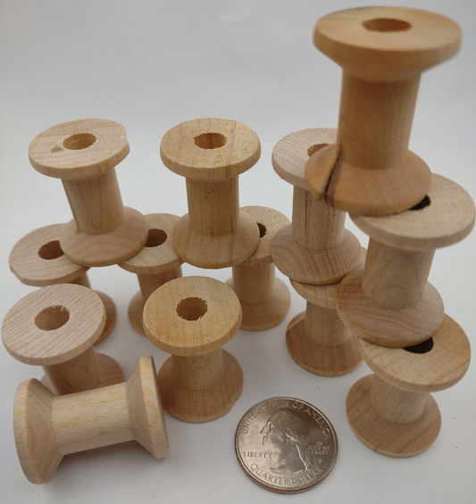1-1/8" x 7/8" x 9/32" Unfinished Wooden Mini Spools (12pc) Lot Packs Lot #S04