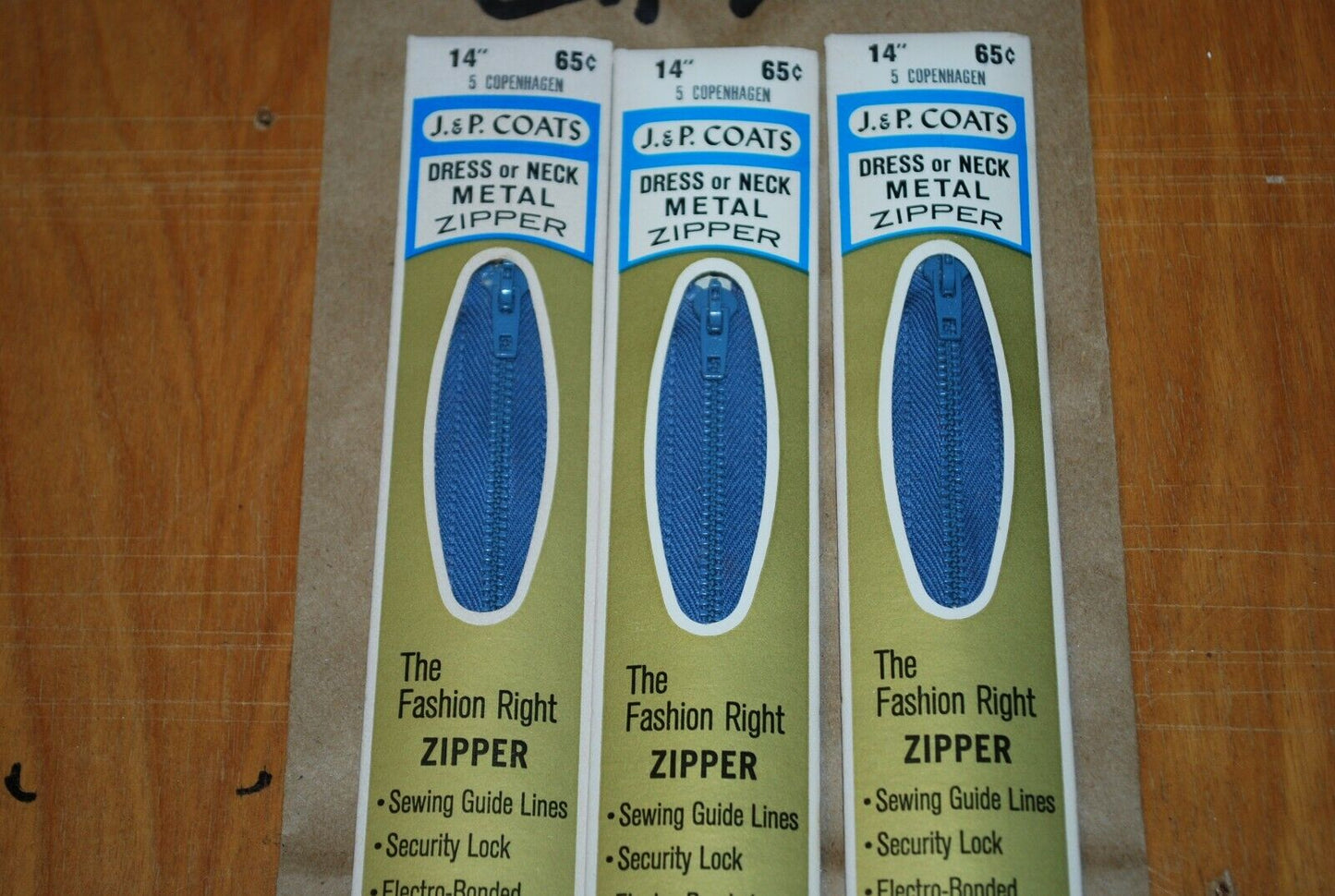 N.O.S. J&P Coats 14" Metal Zipper 5 Copenhagen - (Lot of 3 packs) - zip726