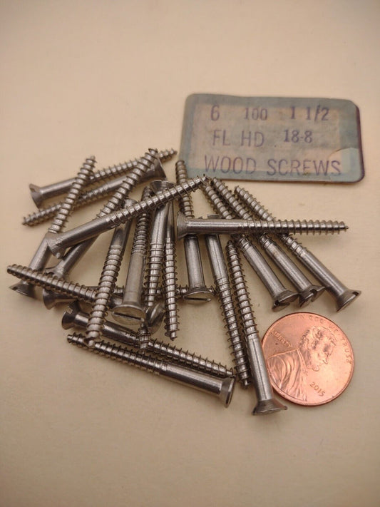 #6 x 1-1/2" 18-8 Stainless Flat Head Slotted Marine Wood Screws (20) pack SSWS06