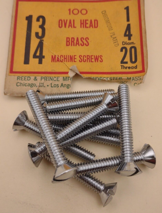 1/4"-20x 1-3/4" Oval Head Slotted Chrome Brass Machine Screws 12 pack NOS CBMS52