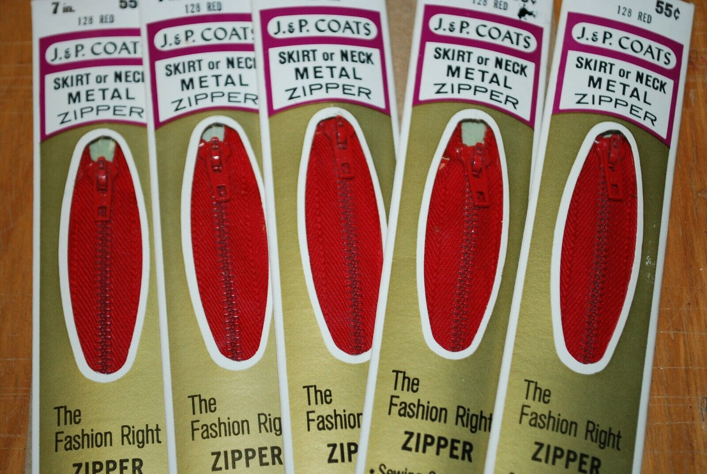 N.O.S. J&P Coats 7" Metal Zipper 128 Red - (Lot of 5 packs) - zip702