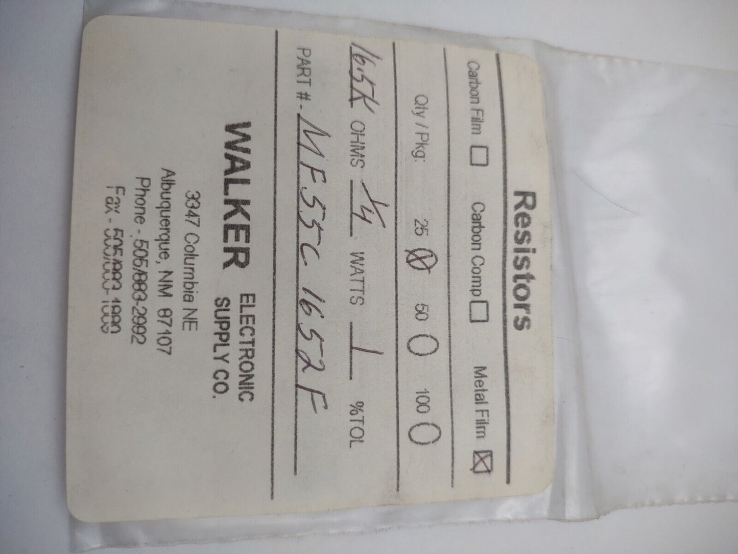 Walker 16.5K 1/4 Watt 1% MF55C 1652F Metal Film Resistors Pack lot qty (25) 19