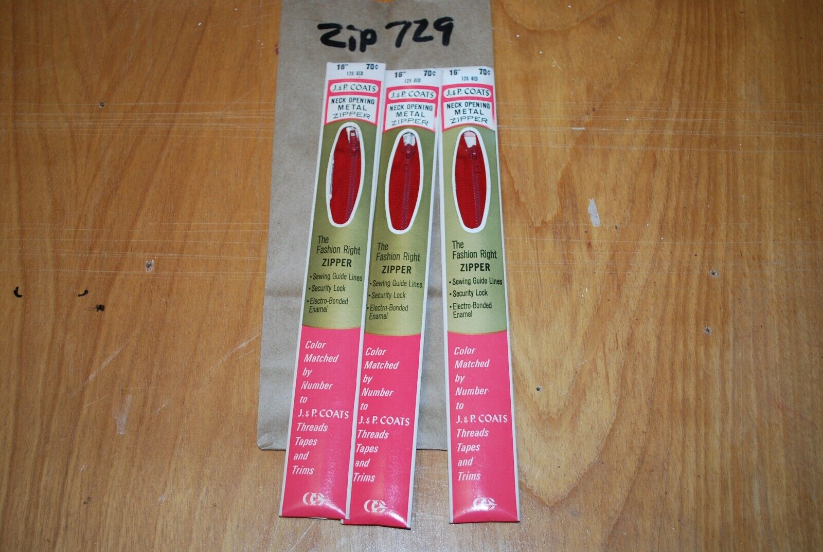 N.O.S. J&P Coats 16" Metal Zipper 128 Red - (Lot of 3 packs) - zip729