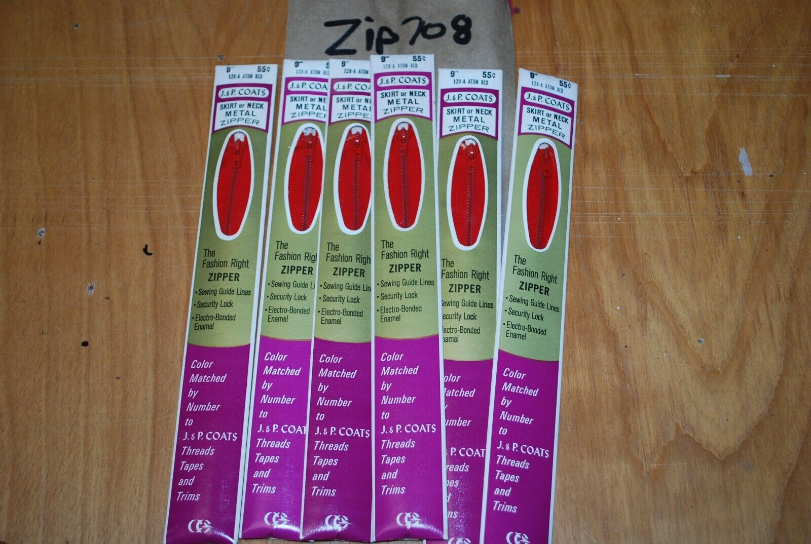 N.O.S. J&P Coats 9" Metal Zipper 128-A Atom Red - (Lot of 6 packs) - zip708