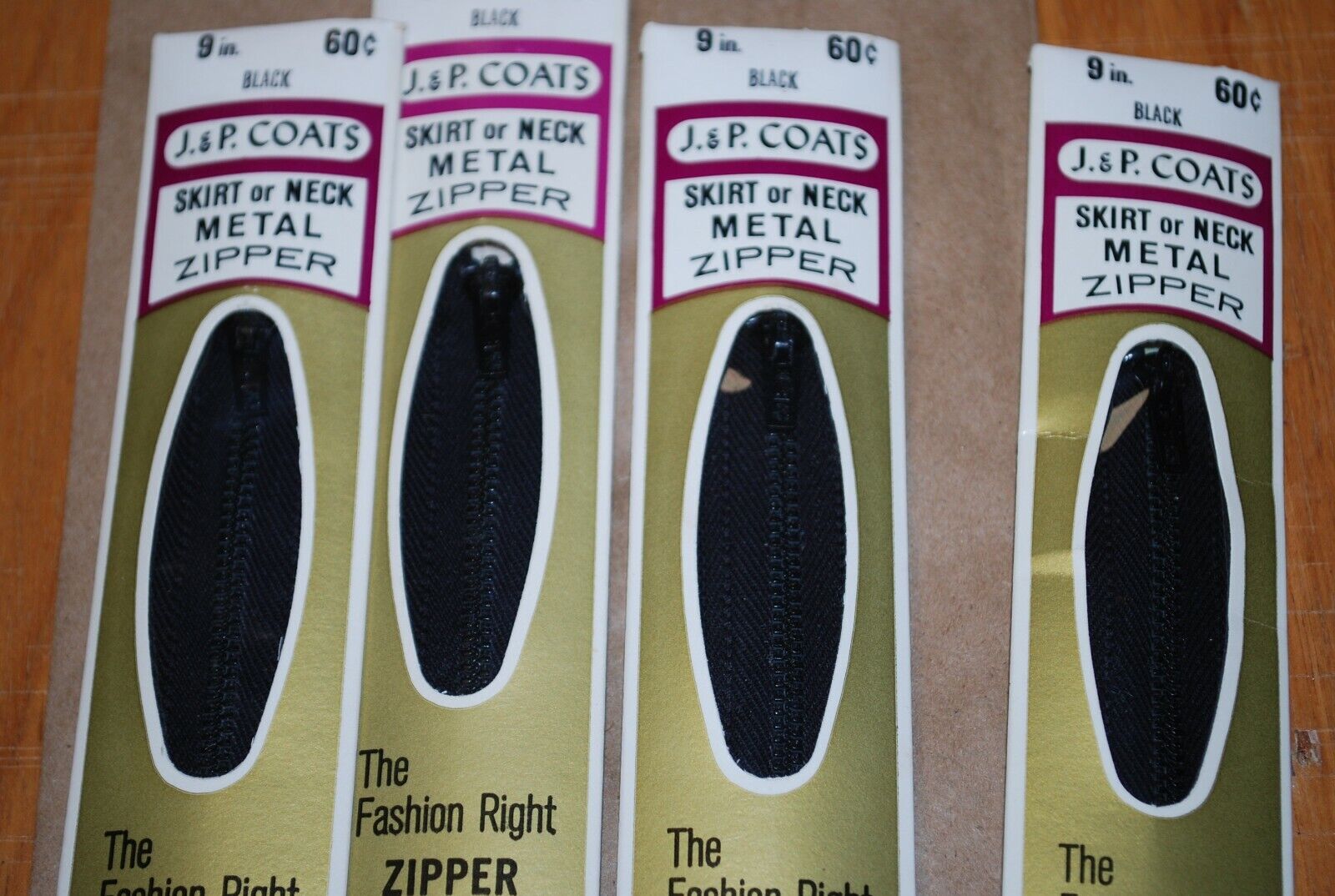 N.O.S. J&P Coats 9" Metal Zipper Black - (Lot of 4 packs) - zip709