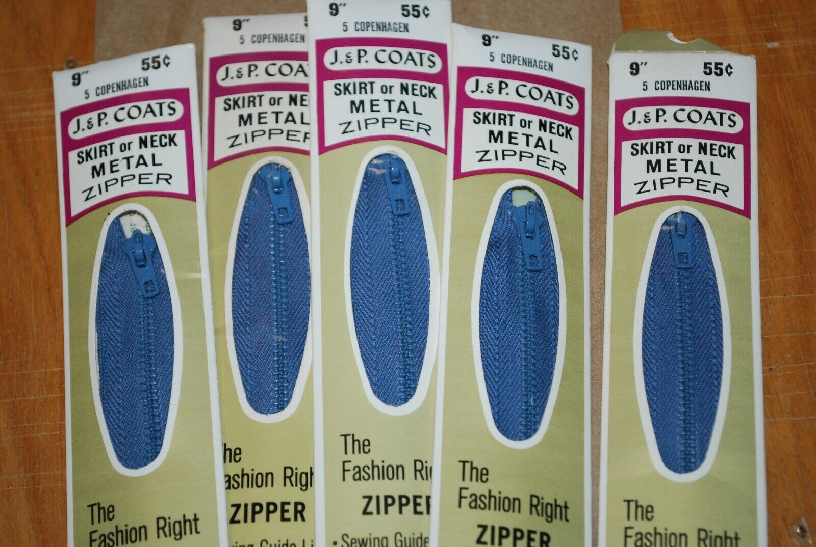 N.O.S. J&P Coats 9" Metal Zipper 5 Copenhagen - (Lot of 5 packs) - zip706