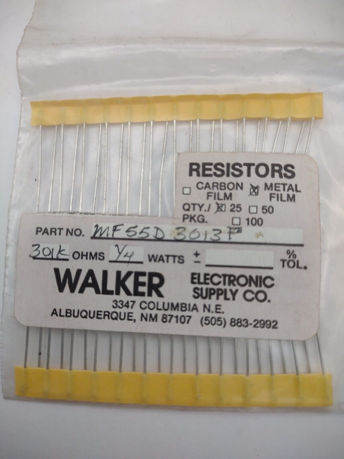 Walker 301K 1/4 Watt 1% MF55D 3013F Metal Film Resistors Pack lot qty (25) 17