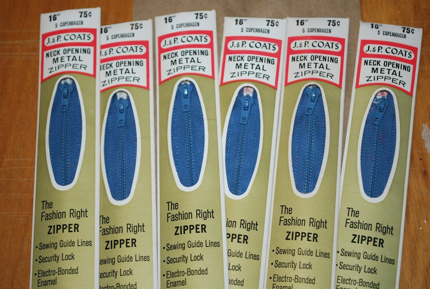 N.O.S. J&P Coats 16" Metal Zipper 5 Copenhagen - (Lot of 6 packs) - zip730