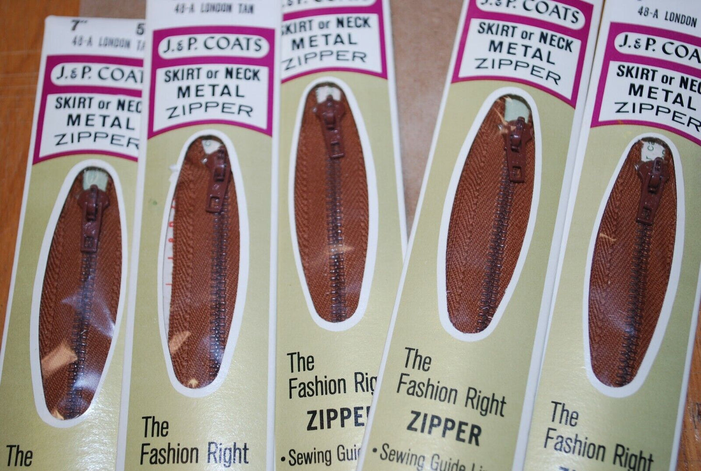 N.O.S. J&P Coats 7" Metal Zipper 48-A London Tan - (Lot of 5 packs) - zip701