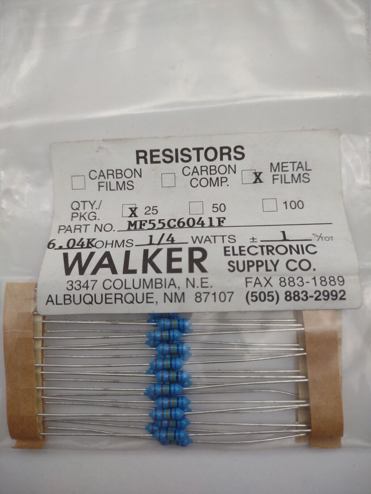 Walker 6.04K 1/4 Watt 1% MF55C 6041F Metal Film Resistors Pack lot qty (25) 13