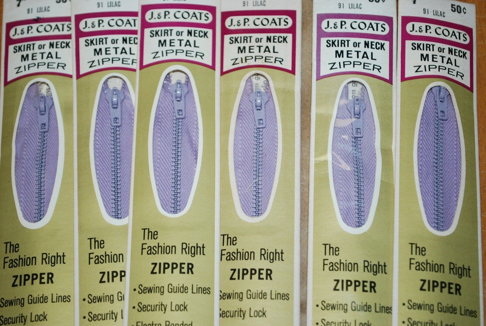 N.O.S. J&P Coats 7" Metal Zipper 91 Lilac - (Lot of 6 packs) - zip704